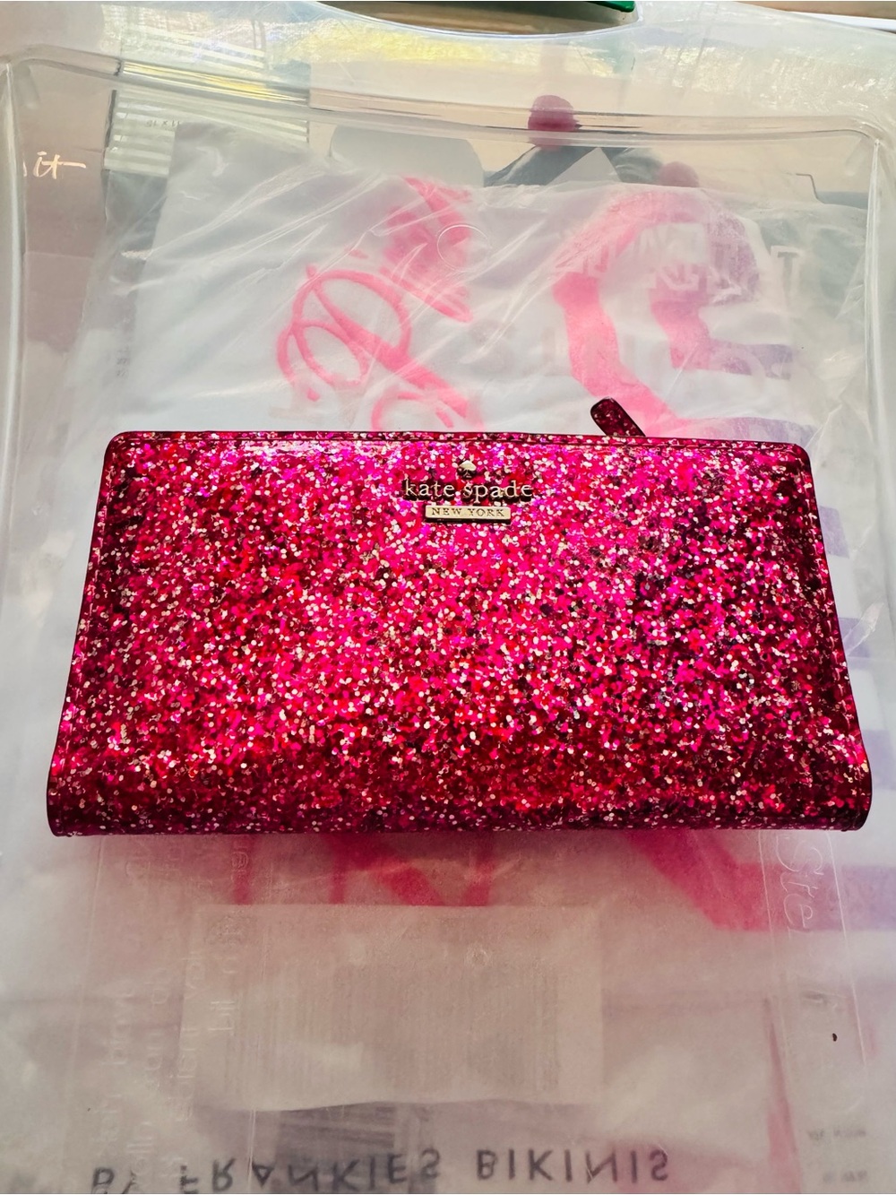 Kate Spade Pink Glitter Wallet Sparkle Bifold Card Holder Shimmer Glam